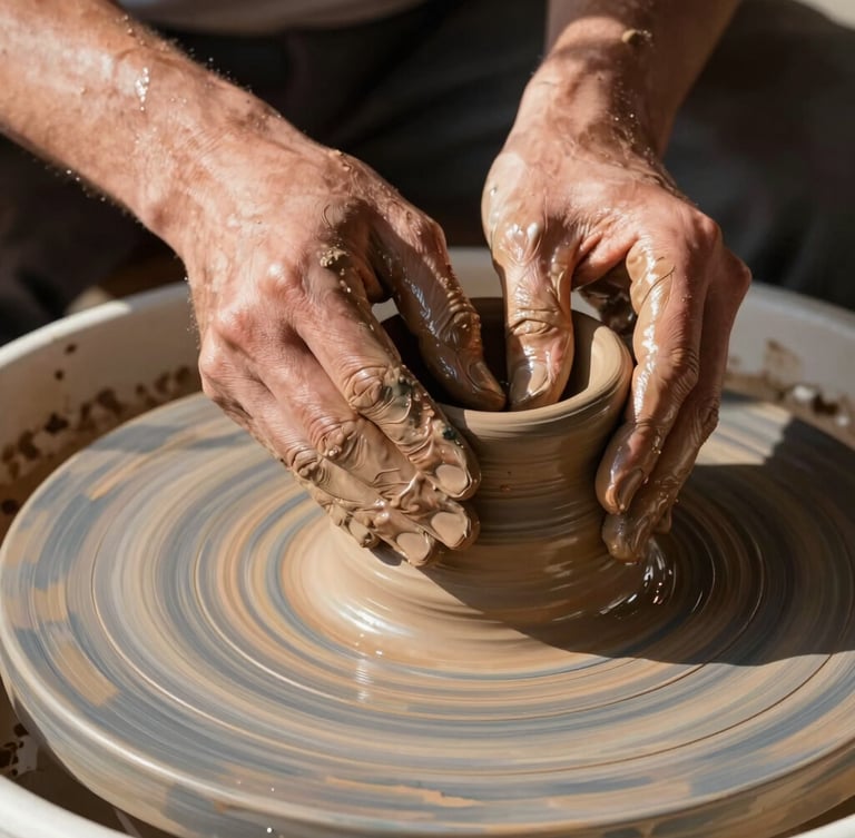 Close-up macro shot of wet terracotta clay being shaped by hands on a potter's wheel, harsh desert sunlight casting dramatic shadows across the spinning texture.