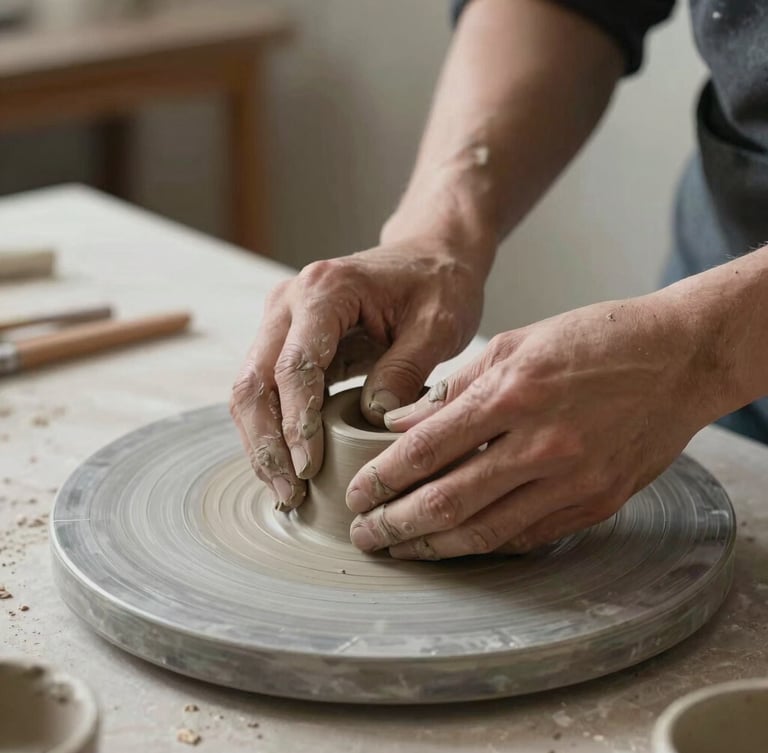 Close-up of hands shaping raw clay on a minimalist concrete workbench, soft north-facing studio light, focus on the tactile texture of the material.