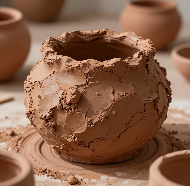 Close-up of raw, heavily textured terracotta clay drying in a bright Arizona studio, harsh sunlight highlighting the organic contours.