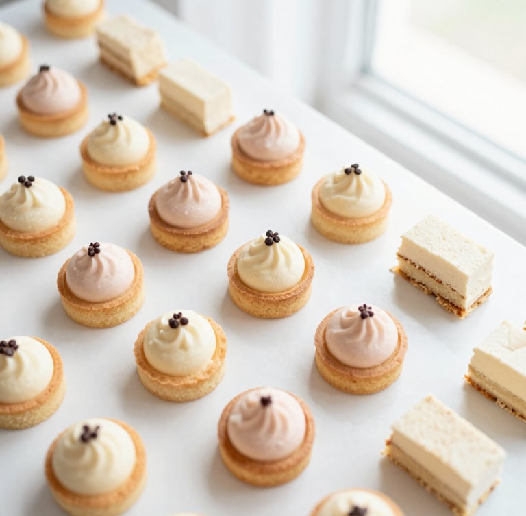 Bright editorial food photography of an elegant dessert table, overhead top-down flat lay of neatly arranged mini tarts and cake slices, soft natural window light, pastel cream and blush tones.