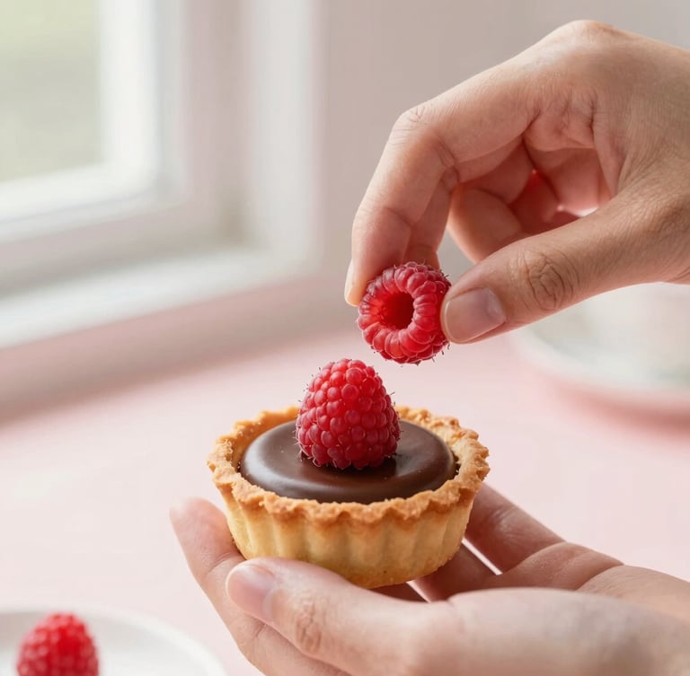 Close-up portrait of hands placing a final raspberry garnish on a miniature chocolate tart, soft natural window light, blush background, shallow depth of field, macro lens