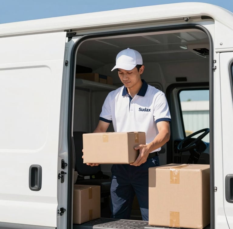 Professional courier in clean uniform securing packages inside a modern Sudax delivery truck, interior shot, bright daylight, sharp focus, high contrast.