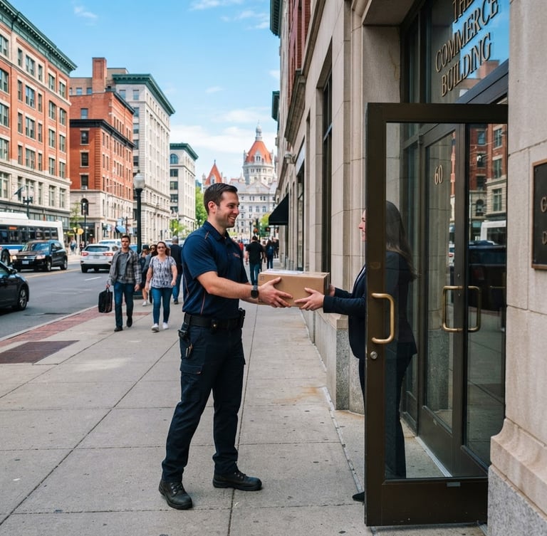 Professional Sudax courier in uniform delivering a package to a business in downtown Albany, NY, in crisp daylight, wide-angle environmental shot, high-contrast colors, sharp focus.