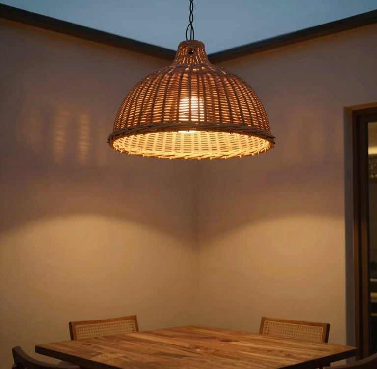 Medium architectural crop of a modern dining room at twilight, a large woven rattan dome ceiling pendant turned on, casting a warm low-glare amber glow on plaster walls, soft shadows, medium format film feel