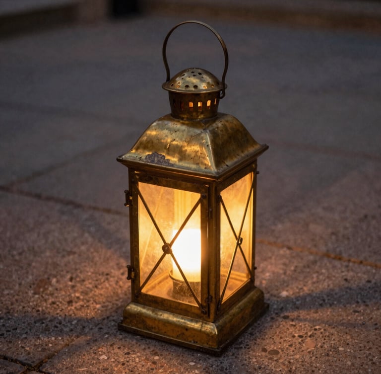 Close-up of a weathered brass lantern frame casting a low warm amber glow on a textured stone path at dusk, shallow depth of field