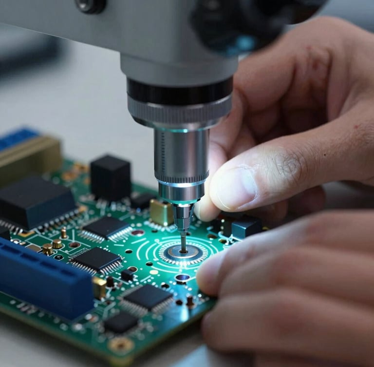 Cool clinical workbench light, macro technical photography of hands micro-soldering a motherboard under a microscope, sharp details, deep charcoal and electric blue tones, shallow depth of field