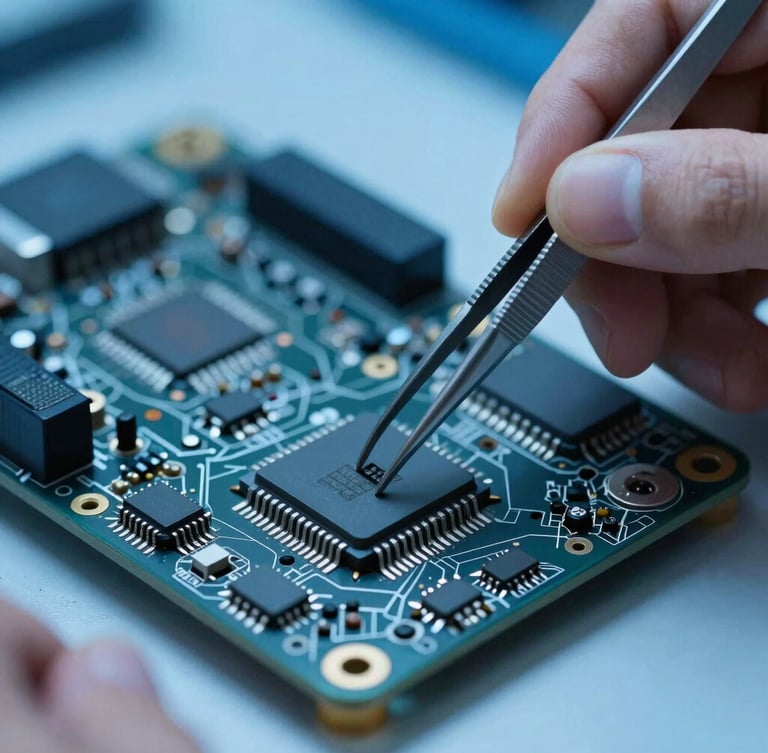 Macro shot of hands using precision tweezers to place a microchip on a motherboard under cool blue workbench light