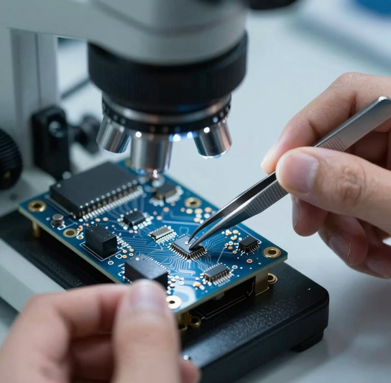 Close-up of hands using precision tweezers to place a micro-resistor on a circuit board under a microscope, cool laboratory lighting, sharp focus, technical atmosphere