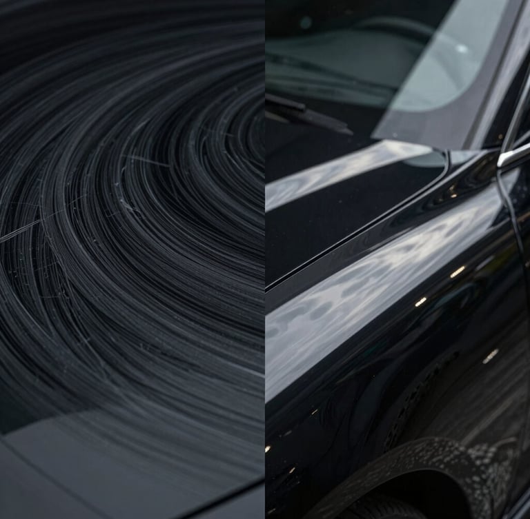 High-contrast split screen showing swirled scratched black paint on the left, and flawless mirror-like polished black paint reflection on the right under sharp LED lights