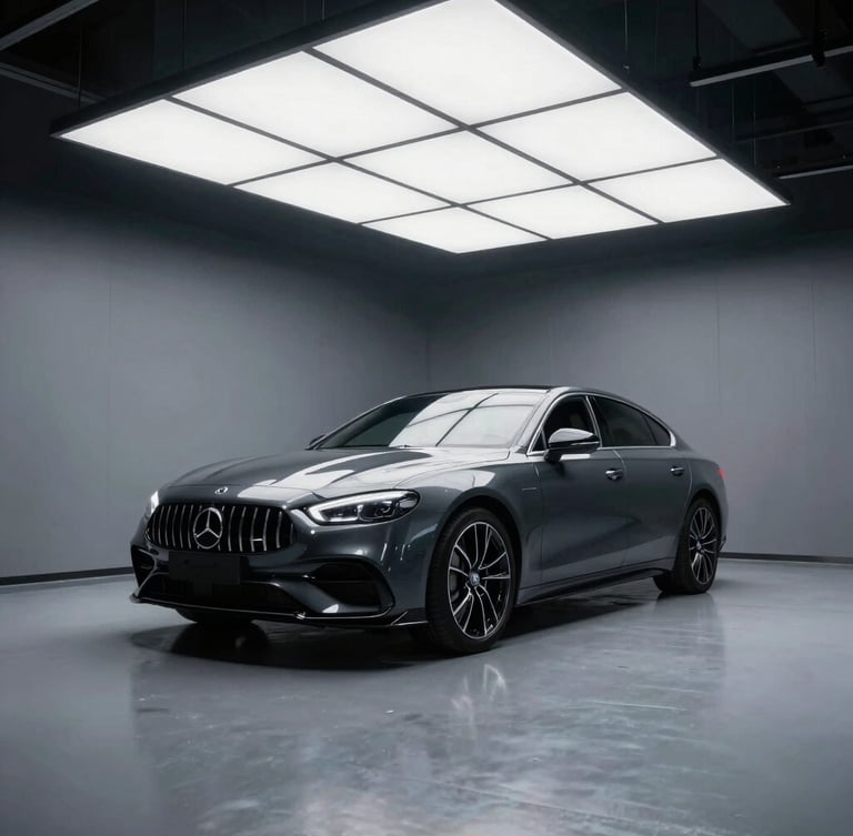 Wide clean environmental shot of a single luxury car in a clinical, brightly lit detailing bay with LED ceiling panels