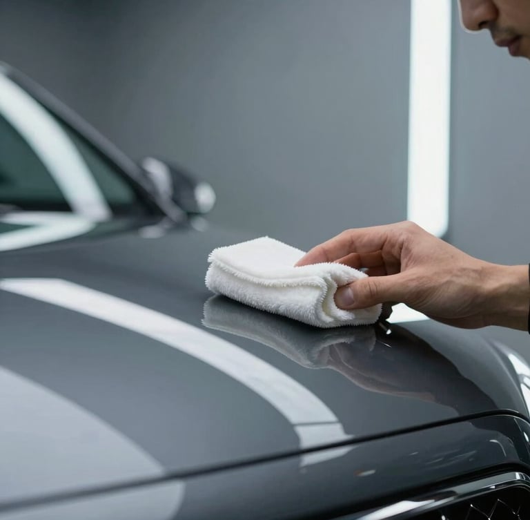Macro shot of a detailing professional applying ceramic coating with a microfibre block, cool LED light strip reflection, clinical garage environment.