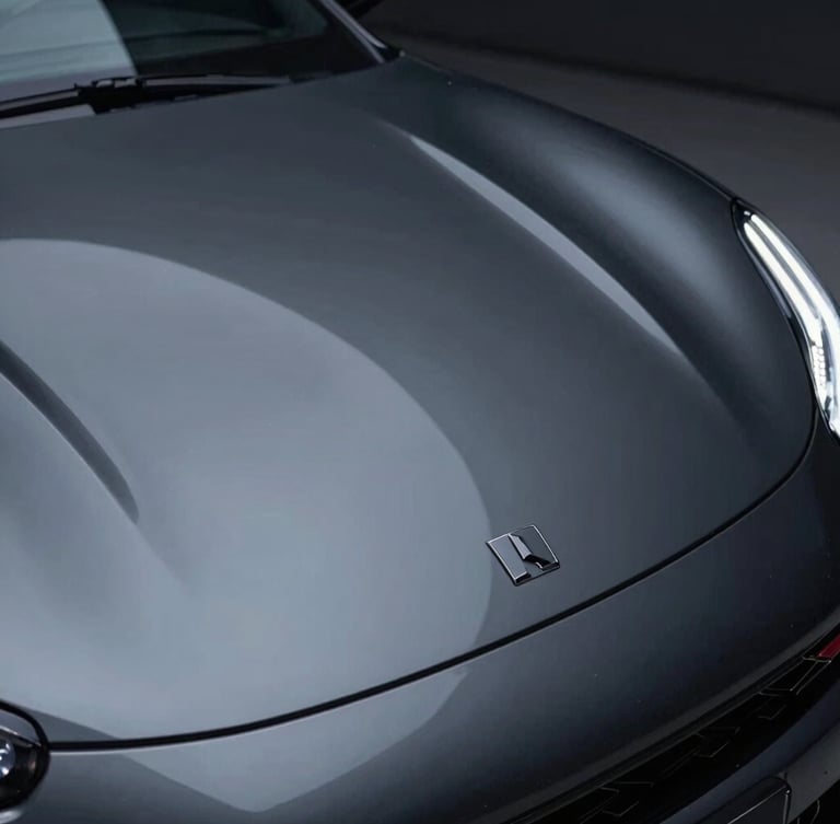 Sleek dark sports car hood showing sharp LED light reflection lines, high-contrast automotive detailing studio, macro lens, 35mm