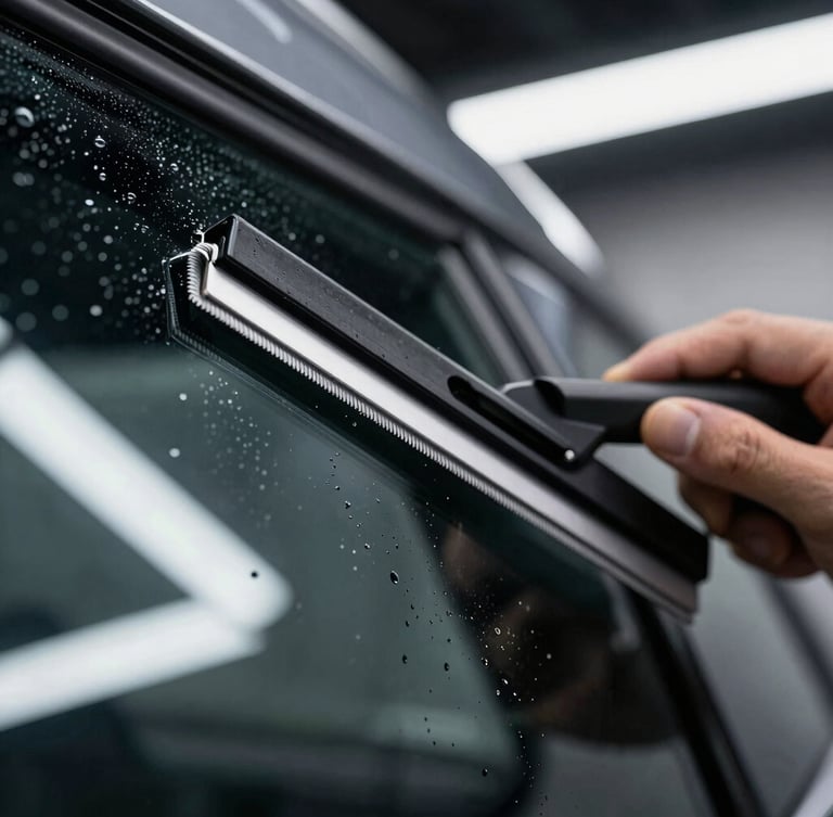 Close-up macro shot of a technician applying window film with a squeegee, water droplets, precise alignment along a clean glass edge, cool LED lighting, high-contrast automotive detailing studio