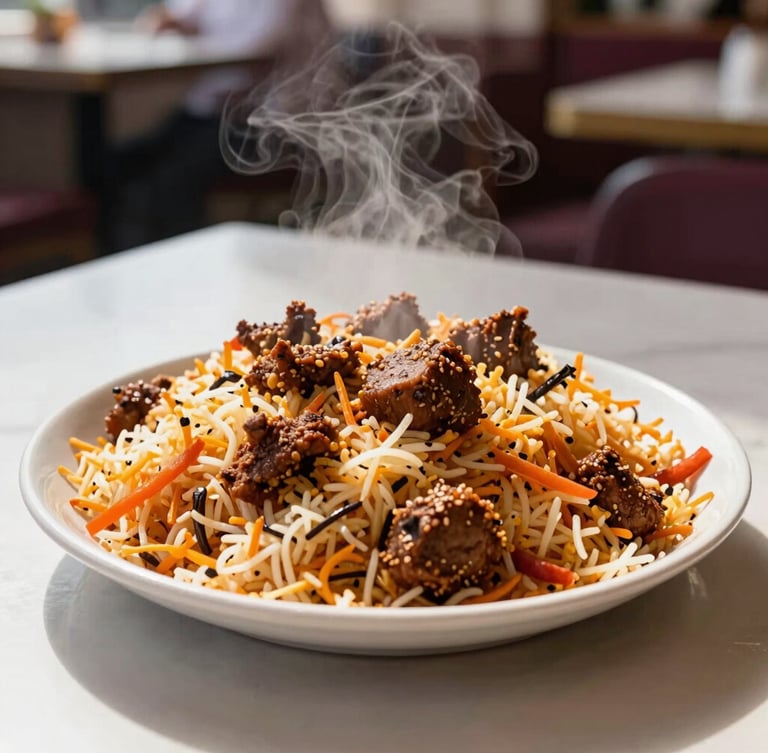 Medium close-up of a steaming plate of fresh local biryani waiting on a clean restaurant table, warm natural daylight, shallow depth of field, 35mm lens