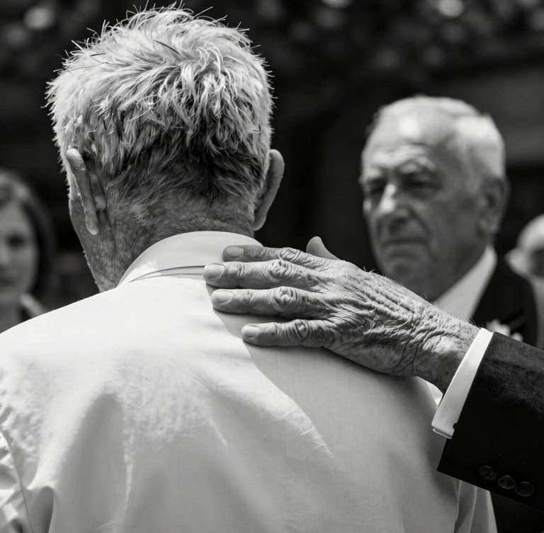 Fotografia in bianco e nero, un momento spontaneo durante un rito: le mani rugose di un anziano che accarezzano la spalla dello sposo, luce naturale di taglio, contrasto profondo.