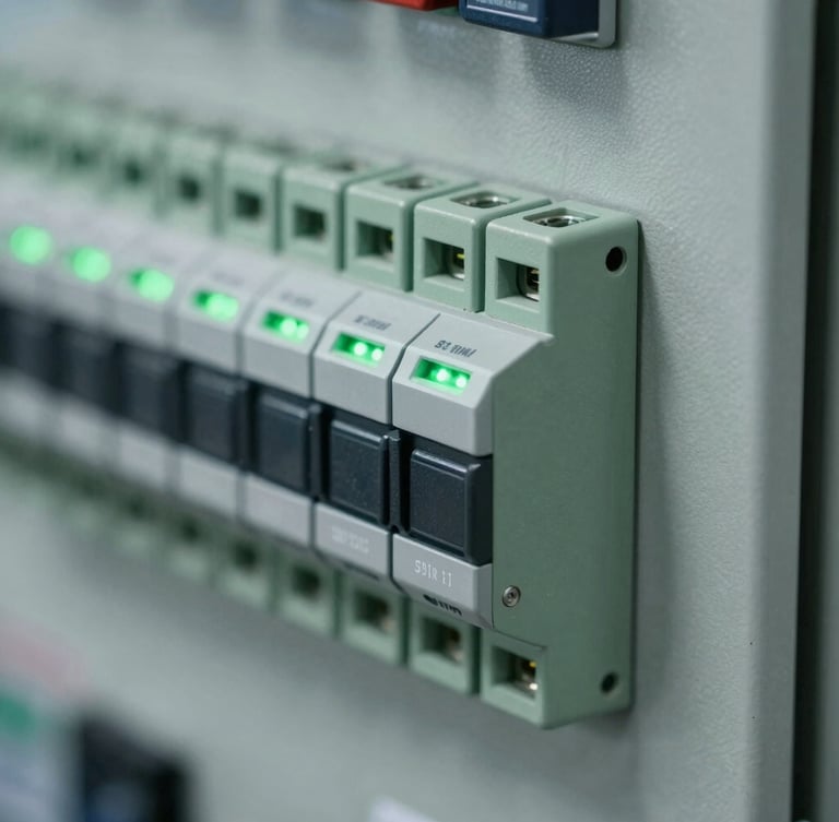 Macro technical shot of a high-tech electrical PLC panel, cool high-contrast industrial lighting, subtle green indicator-light glows, sharp macro detail, 35mm