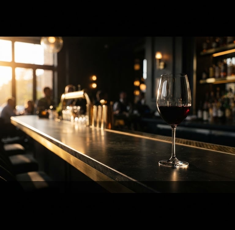 Wide panoramic shot of an elegant bar counter at golden hour, a single pristine red wine glass on the right third, catching dramatic rim light, dark charcoal background, gold reflections, 85mm lens