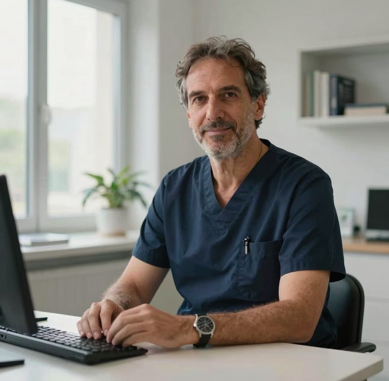 Ritratto professionale del Dott. Porro, specialista otorinolaringoiatra, nel suo studio medico moderno, illuminazione clinica naturale e brillante, inquadratura media su sfondo neutro.