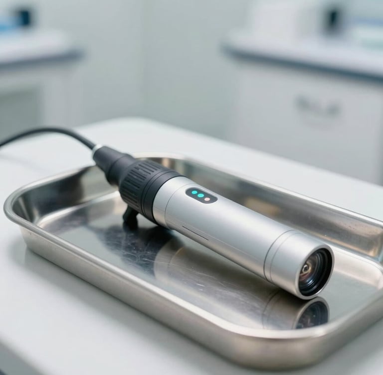 A close-up shot of a modern clinical endoscope resting on a sterile metal tray in Dr. Porro's bright, white medical studio, sharp natural lighting.