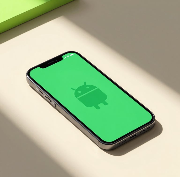 Isometric high-fidelity mockup of a sleek Android smartphone displaying a vibrant green minimalist utility app, resting on a warm cream surface, soft morning light with neon green accents, clean geometric shadows.
