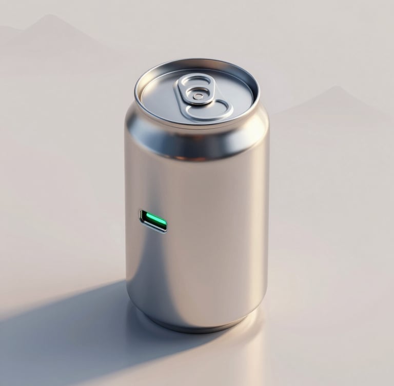 Isometric 3D render of a stylized metallic milk can with a glowing green USB-C port on its side, soft morning light reflecting off the surface, clean minimalist background with subtle mountain lines.
