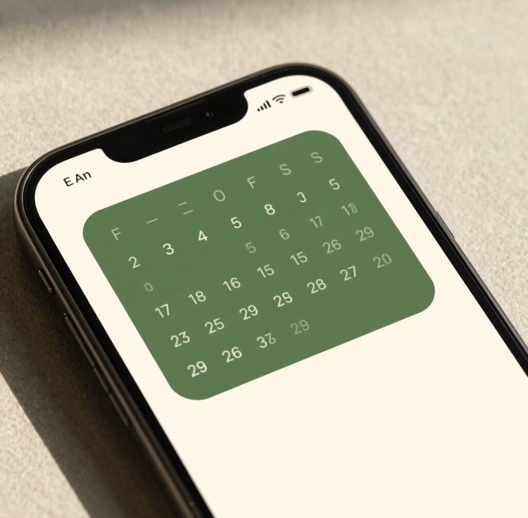 High-fidelity Android device mockup displaying a clean forest-green calendar widget on a warm milk-cream screen, soft morning light, sharp focus.