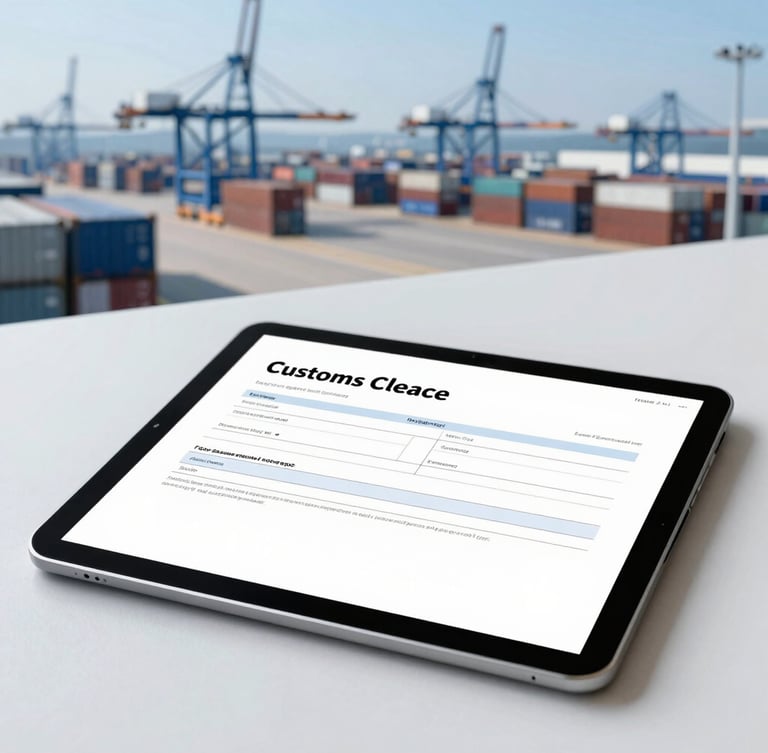 Close-up of a tablet displaying digital customs clearance documentation on a clean desk, blurred background of a modern shipping terminal with cool blue tones