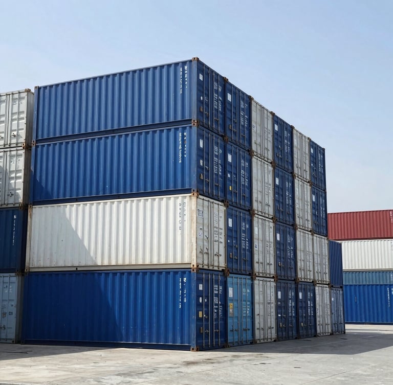 Geometric wide-angle shot of clean blue and white shipping containers stacked at Jeddah Islamic Port under bright Saudi daylight.