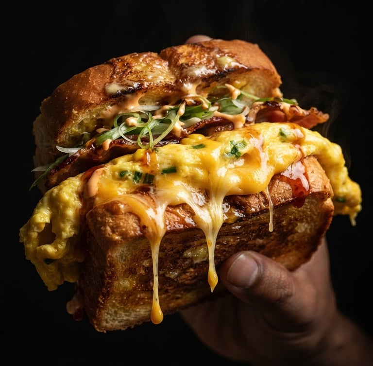Macro portrait of a loaded Korean egg sandwich, melting cheddar cheese dripping down, fluffy folded omelette, butter-toasted thick milk bread, sizzling steam, moody high-contrast lighting, deep shadows, black background.