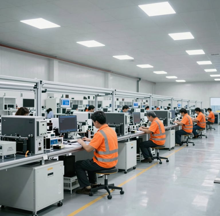Wide environmental shot of a clean, modern electronics assembly line, bright natural warehouse lighting, desaturated cool tones, 35mm lens