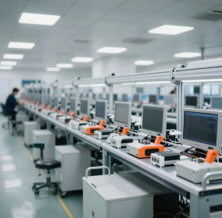 Industrial documentary photography, a clean modern electronics assembly line in Shenzhen, bright high-key warehouse lighting, cool metallic tones with subtle safety orange accents, 35mm lens.
