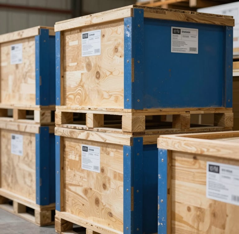 Tight close-up of heavy-duty secured wooden cargo crates with shipping labels inside a bright warehouse, 35mm documentary logistics photography