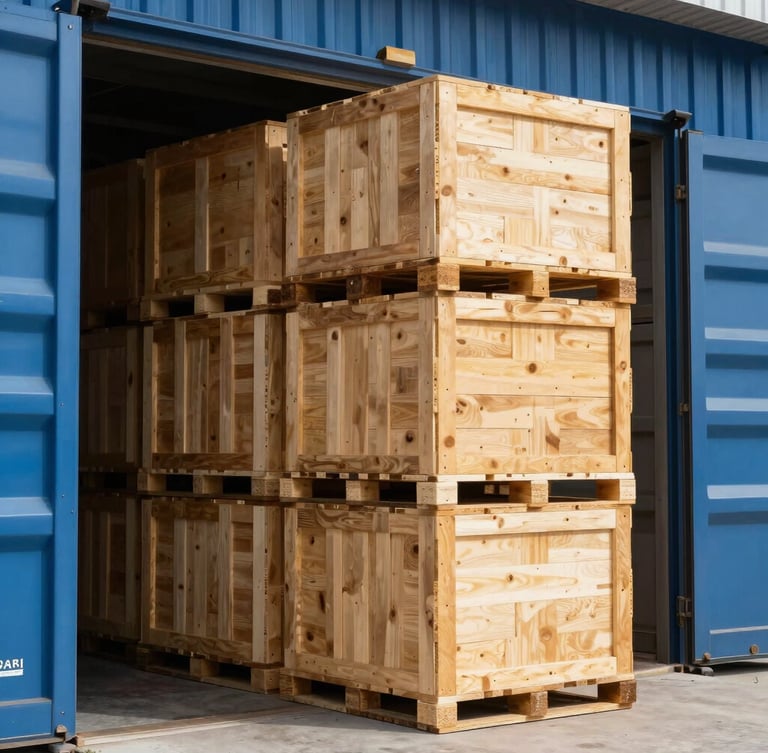A tall portrait of secured wooden cargo crates stacked inside a shipping warehouse, bright natural daylight streaming through open doors, sharp focus, 35mm