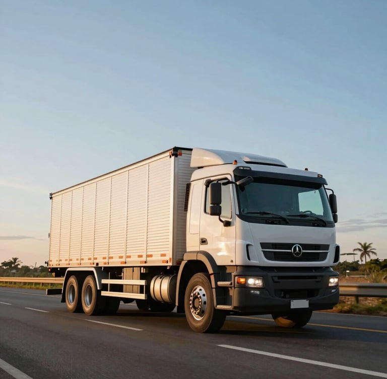 Low-angle heroic shot of a clean, heavy-duty cargo truck driving on a wide Brazilian highway during golden hour, clear sky