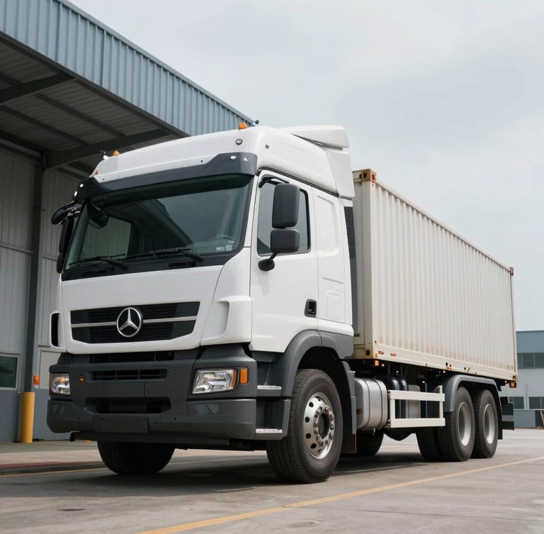 Low-angle heroic shot of a clean, modern heavy-duty cargo truck parked at a secure logistics terminal during crisp daylight, industrial composition