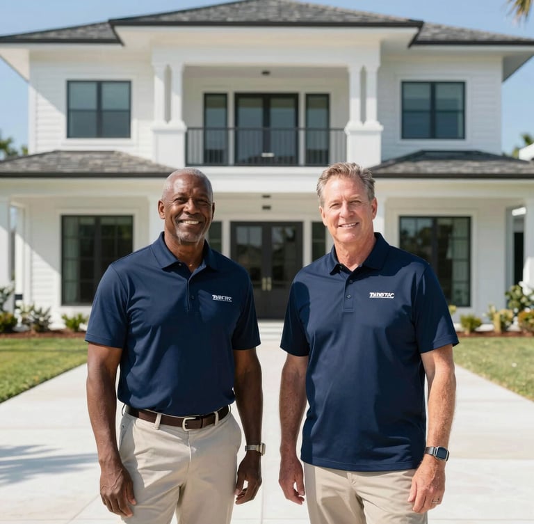 Symmetrical portrait of veteran founders Zavier and Tyler in clean navy branded polo shirts, standing proudly in front of a modern coastal luxury home in Destin, bright sunlight, wide architectural crop.