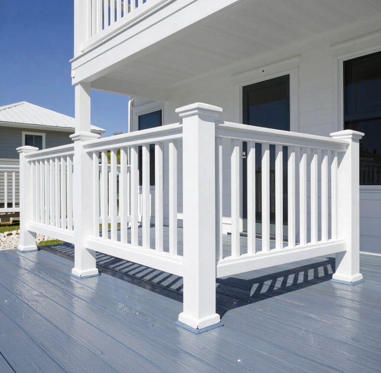 Crisp architectural detail of a pristine coastal home deck, freshly pressure washed wood contrasting with white railings, bright Florida sunlight, sharp focus