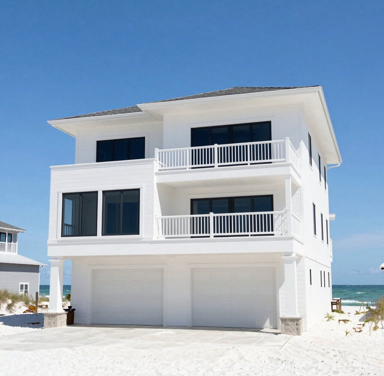 Bright architectural shot of a pristine luxury Destin beach house, high-key midday sun, ocean breeze, clean lines, wide-angle lens
