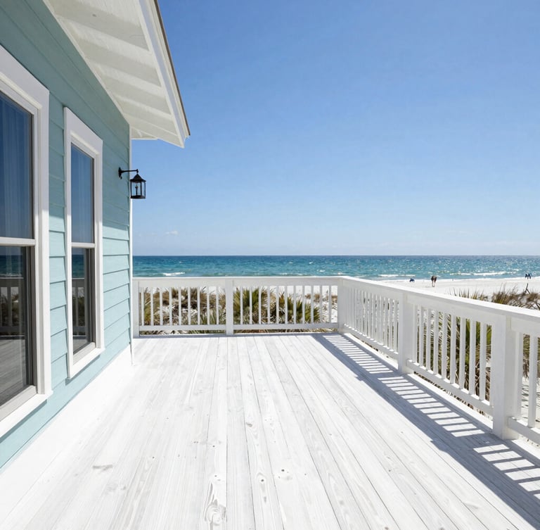 A high-end beach house deck in Santa Rosa Beach, showing pristine pressure-washed wood contrasting with the sparkling blue Gulf of Mexico in the background, bright midday sun.