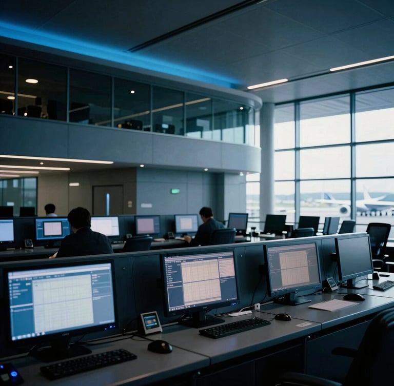 Architectural photograph of a modern airport control room with multiple monitors, cool blue lighting, high contrast, 35mm