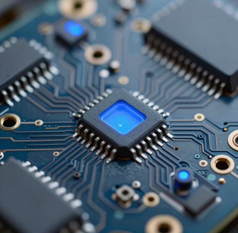 Extreme macro of a printed circuit board with glowing blue indicators, crisp architectural photography style, high contrast, 35mm