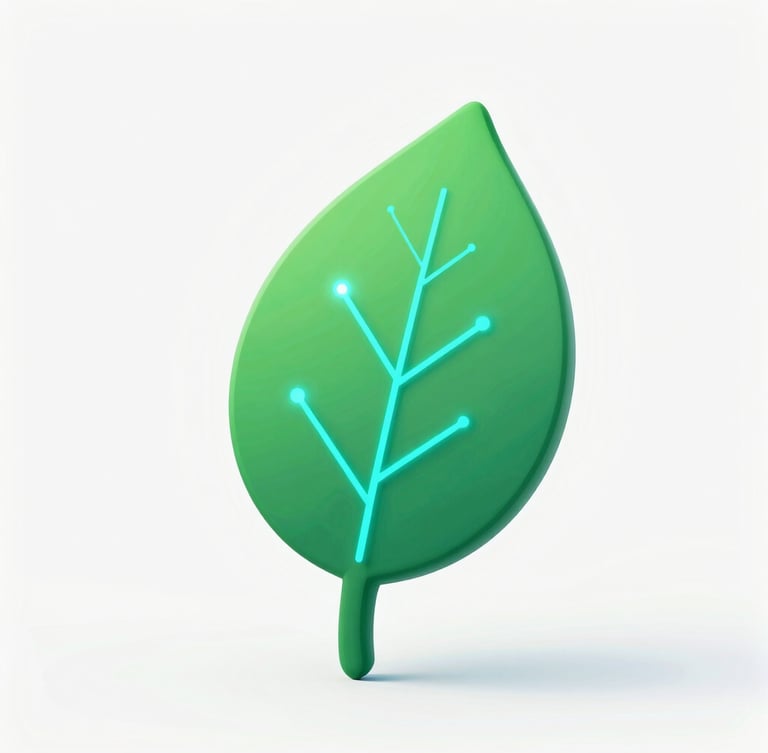 Close up of a stylized green leaf integrated with glowing cyan data lines on a clean white background, high-tech scientific aesthetic, 3d render