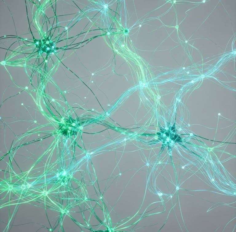 Minimalist high-tech 3D render of digital neural networks, glowing emerald and cyan data lines on a clean light gray background, scientific aesthetic