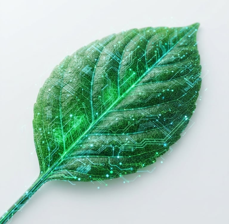 Macro shot of a digitalized green leaf integrated with glowing emerald and cyan data lines, sharp digital network vectors, clean minimalist white background, high-tech scientific aesthetic, 8k