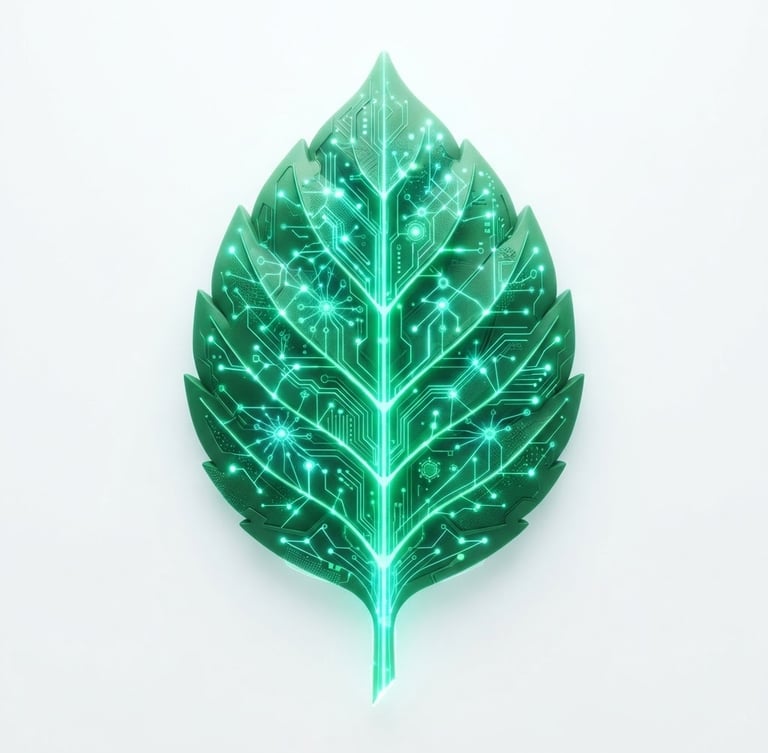 Minimalist 3D render of a stylized green leaf integrated with glowing emerald data lines, crisp digital glow, high-contrast studio light, pure white background