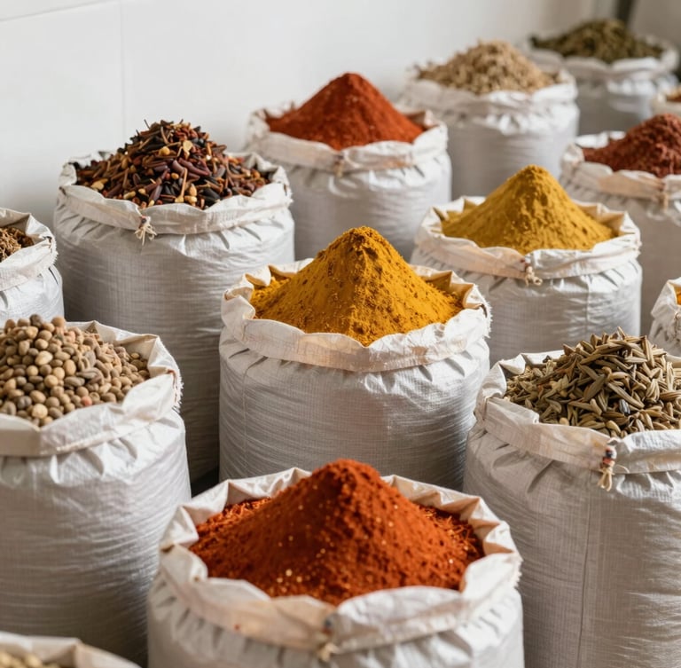 Bright editorial photography of clean warehousing setups with stacked bulk sacks of raw spices under clean natural daylight, sharp focus