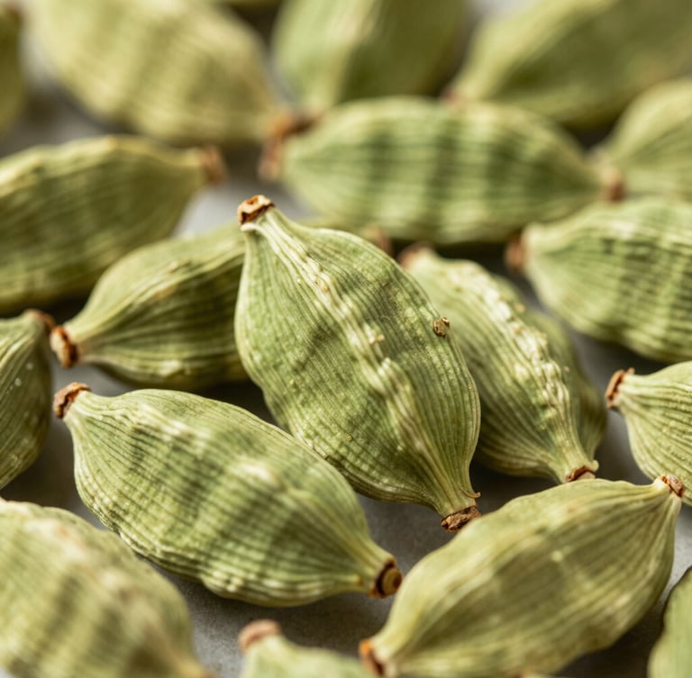 Macro overhead shot of raw green cardamom pods in bright natural daylight, rich saturated green and turmeric tones, sharp focus, shallow depth of field