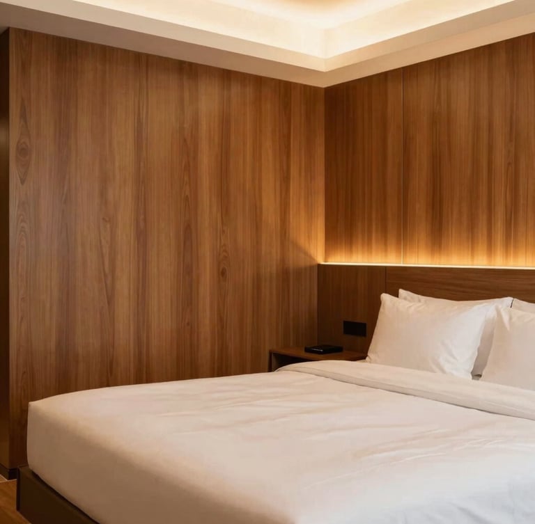 Warm editorial photography of a boutique hotel room, soft ambient amber light reflecting on rich wood paneling, crisp white linens on a king bed, clean architectural framing, 35mm.