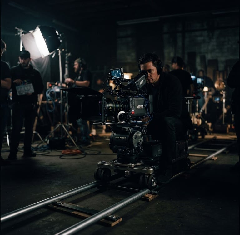 A professional cinema camera on a dolly track, low-key dramatic lighting, deep charcoal tones, crew members blurred in the background on a dark film set, 35mm anamorphic