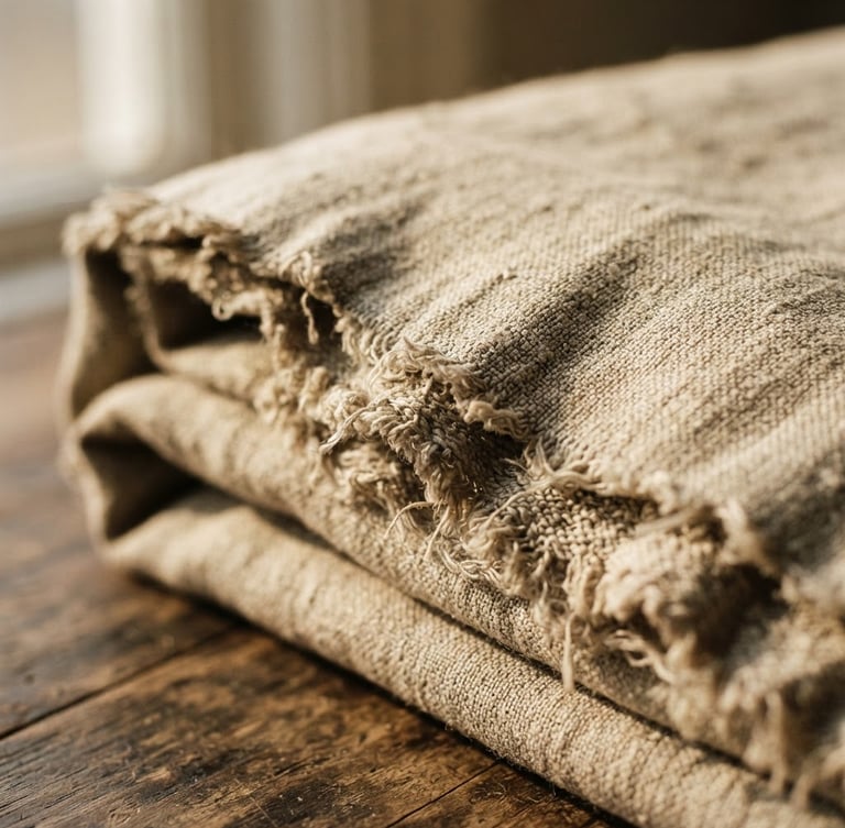 Macro close-up of folded heavy oatmeal-colored Belgian linen quilt, low-angle afternoon window light casting deep shadows on the raw selvedge.
